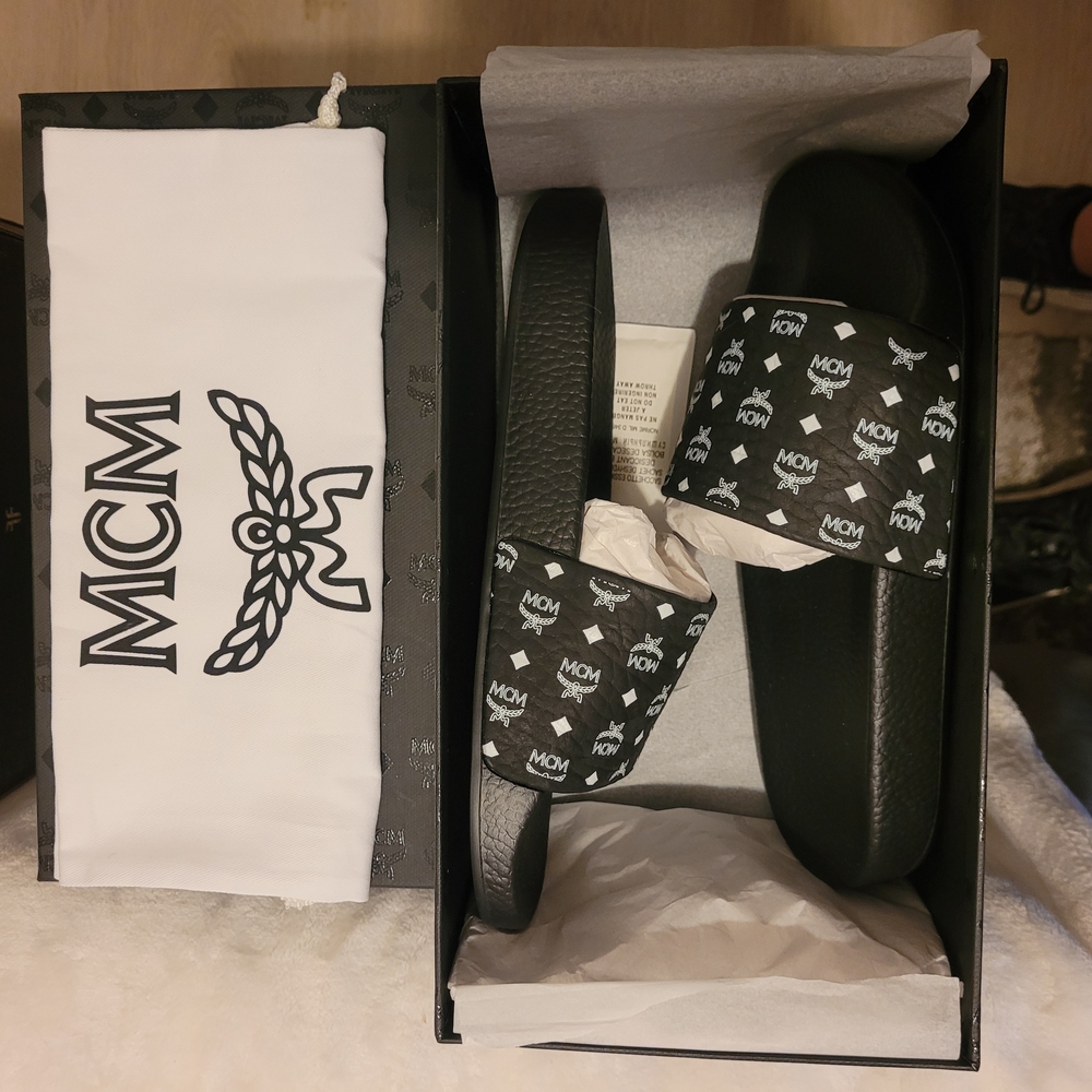 MCM Black Sandals with Signature Monogram Design